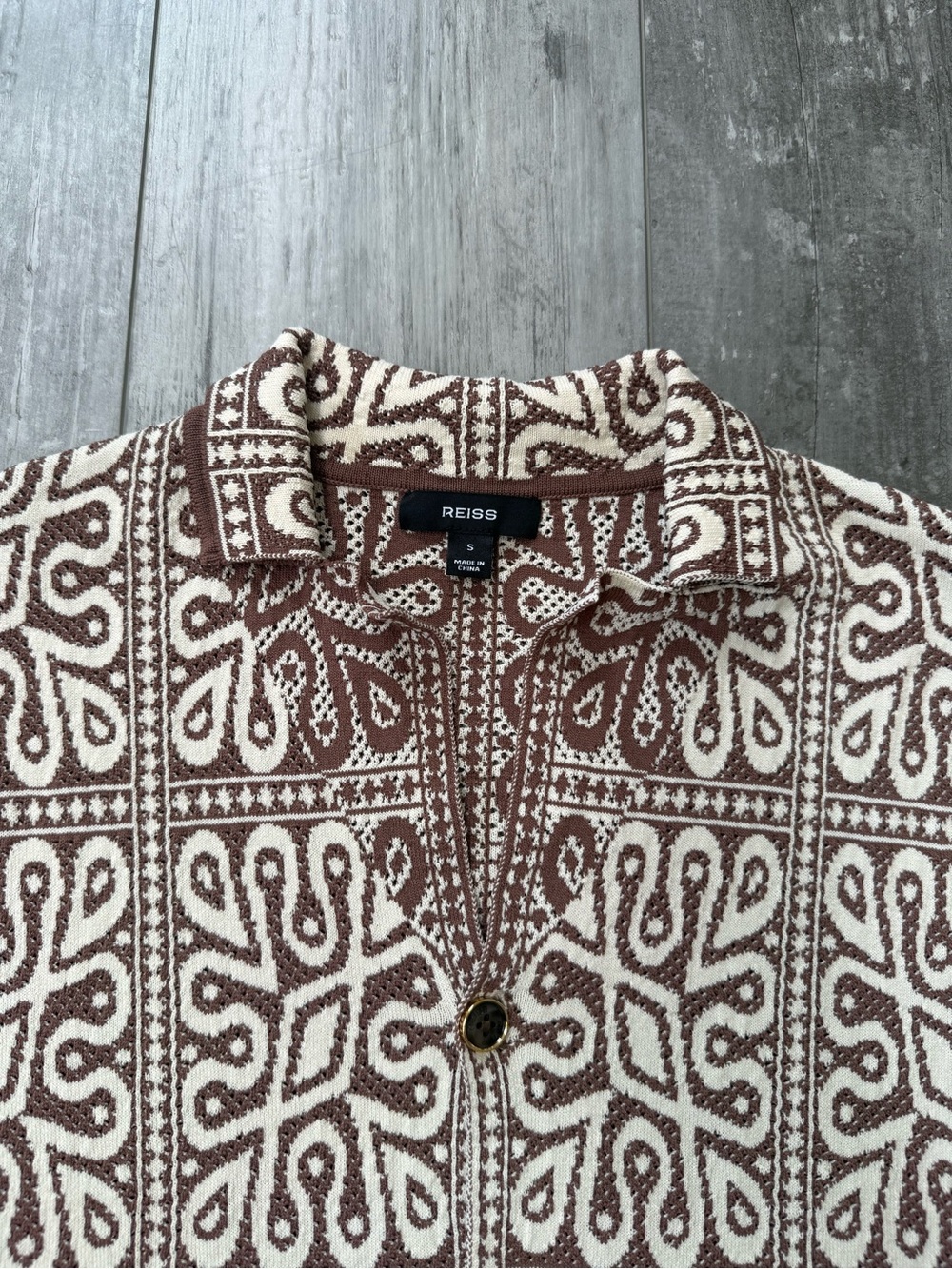 Reiss River Tile Pattern Knit Shirt Brown White Cuban Collar Men's Small - Picture 7 of 10